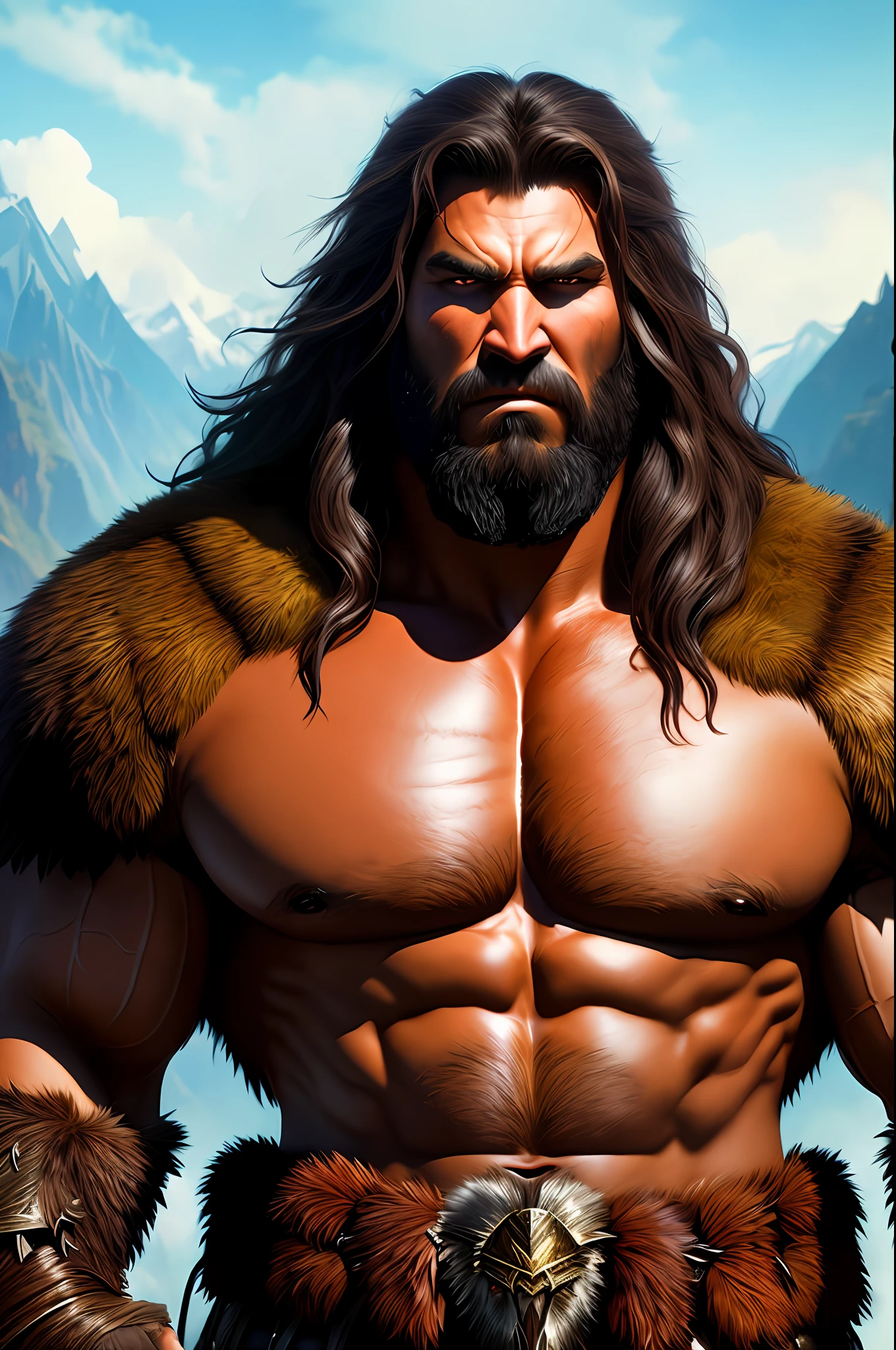 masterpiece, best quality, artstation, 8k, fantasy painting of (dark barbarian man:1.2), angry, long hair, bear armor, bear hoodie, highly detailed texture, sharp focus, cowboy shot