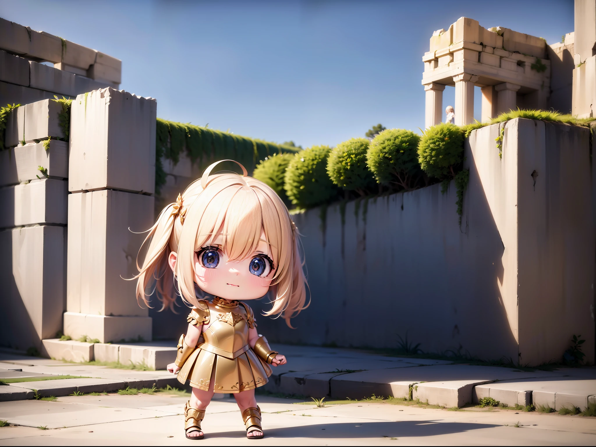 8K, UHD, HD details, masterpieces, (best details), (high quality), 1 cute , wearing golden armor, standing in front of the ruins of ancient Greek walls