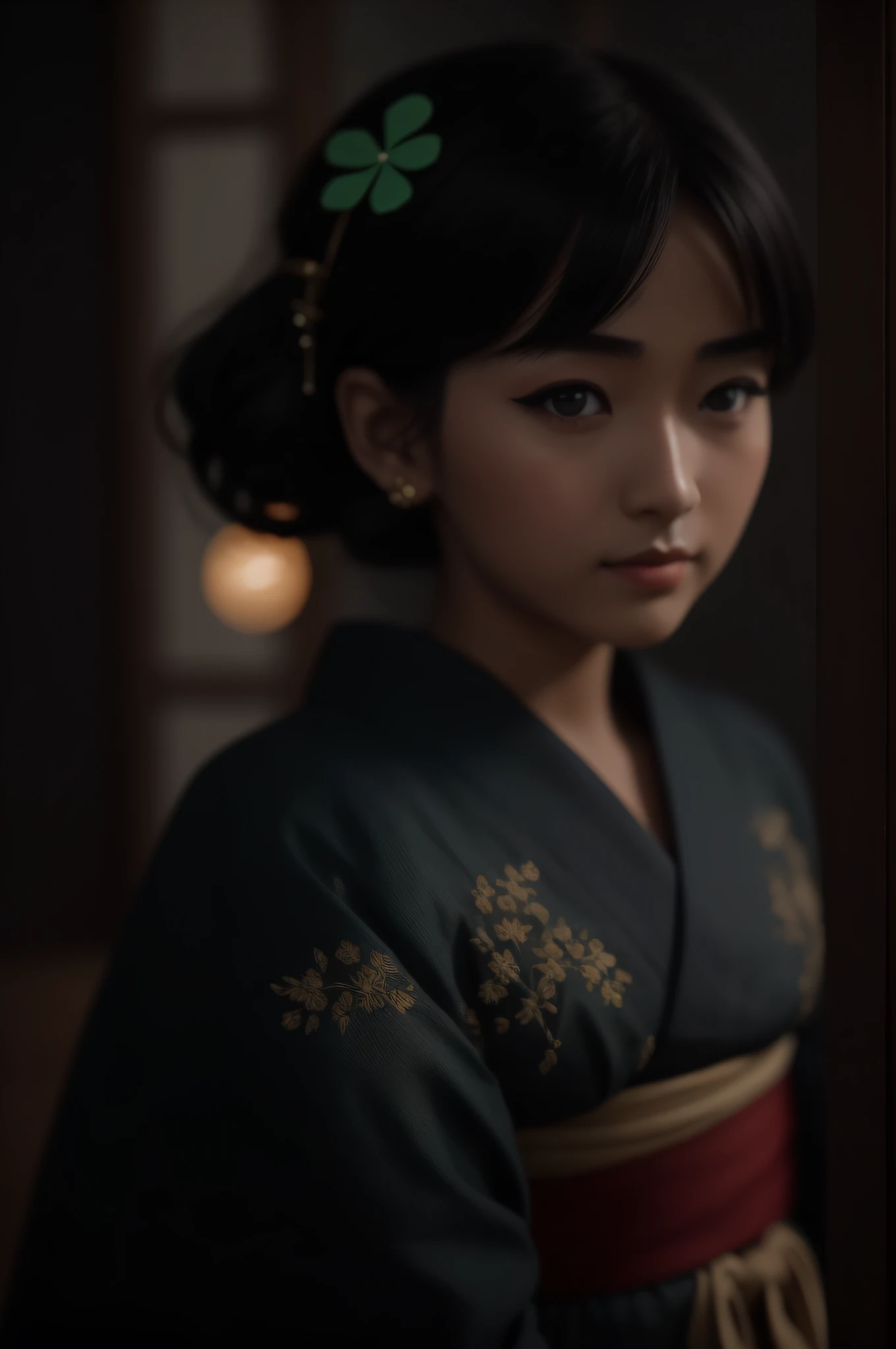((realistic lighting, superlative, 8k, masterpiece: 1.3)), beautiful 20-year-old 1 girl, short black hair, japanese geisha makeup, japan in the 40s, black eyes, everyday photos, black dragon, tavern without lights, eyes staring at the camera, eyes looking at the camera, ordinary villagers' outfit in the 900s, very beautiful pupils, round sparkling eyes, eyes with clover, very detailed figures, details, beautiful, film photography, Kodak, dreamy atmosphere,  Film Grain, Film Photography, Concept Photo, Real, Real, Unenlarge