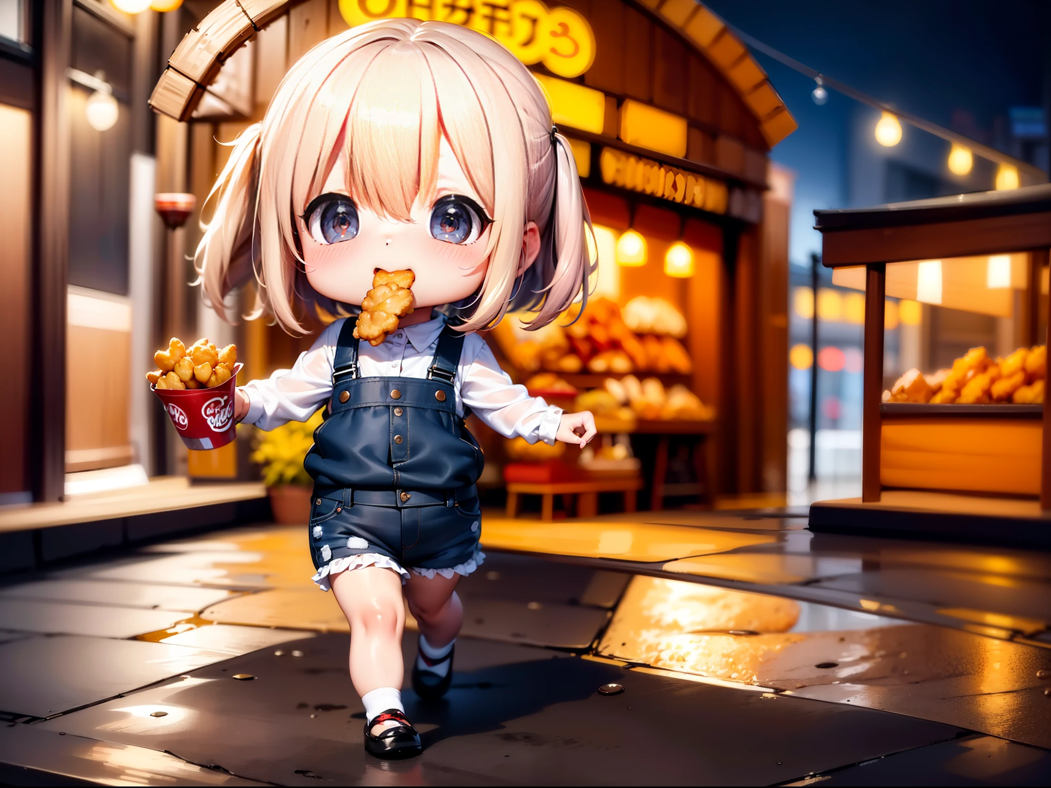 8K, UHD, HD details, masterpiece, ((best details)), ((high quality)), in the night food street, a cute  wearing suspender jeans and short-sleeved vest, eating fried chicken nuggets while walking