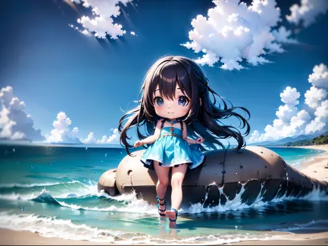 8K, UHD, HD details, masterpieces, (best details), (high quality), 1 cute little girl, wearing blue dress, playing by the beach