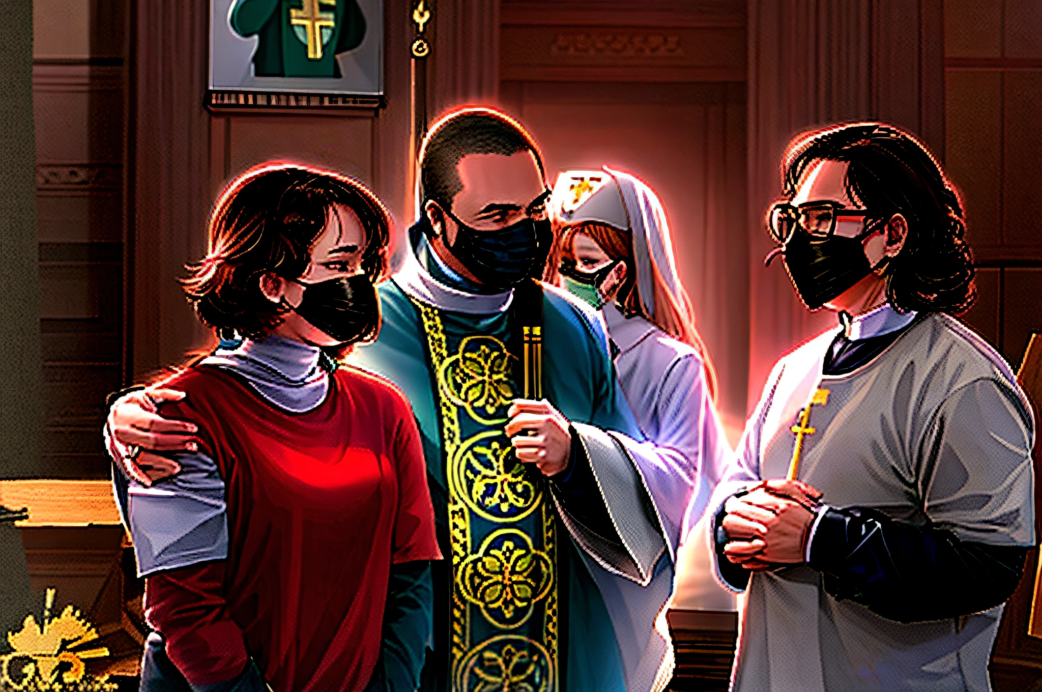 Three people wearing face masks stand in front of a priest, lineart_Anime