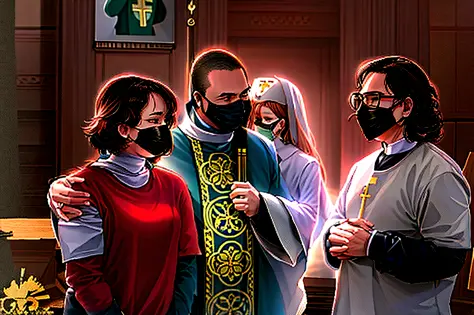 three people wearing face masks stand in front of a priest, lineart_anime