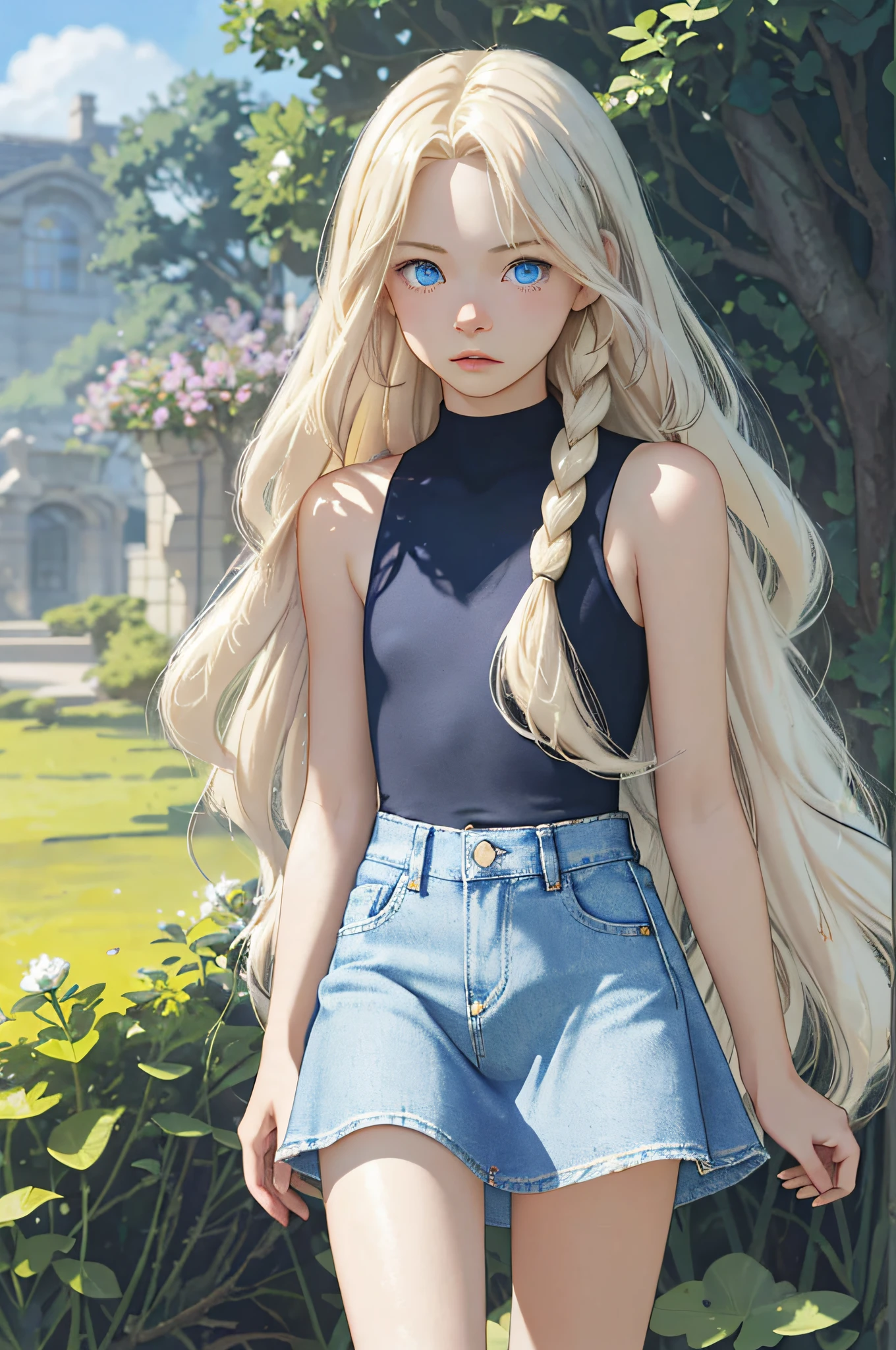 (masterpiece, best quality), ultra high resolution, depth of field, 1 pretty anime girl, 12 years old, finely detailed, high details, high-quality shadow, beautifully detailed, (bokeh: 1.5), solo, flower, outdoor, day, sky, cloud, sunlight, white sleeveless top, (very short denim skirt:1.3), cropped, full body with long elegant legs, whole body in the middle of the picture, from the side, blue sky, (highly detailed skin, skin details), viewing viewer,  long blonde hair, artfully braided hair, parted lips, petite breasts, flat stomach, long hair (platinum blonde hair:1.5), ((blue eyes)), Art by Makoto Shinkai, Anime Moe Artstyle, Digital Art on Pixiv, Azur Lane Style