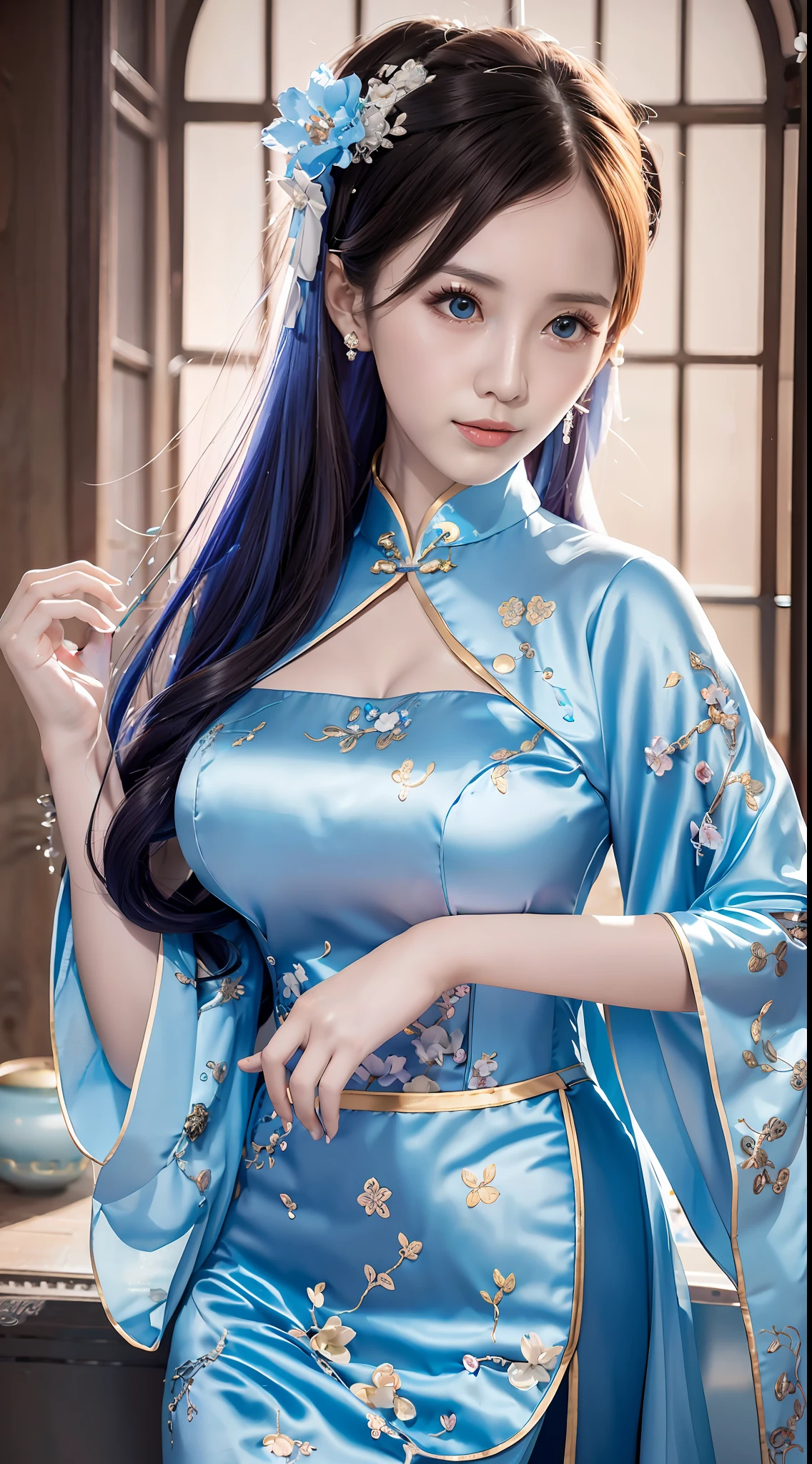 Close-up photo, top quality, lots of details, with a woman in light blue cheongsam posing for a photo, moon-themed costume, astral witch costume, fantasy costume, live-action girl cosplay, beautiful celestial mage, inspired by cold plum, cheongsam, popular on cgstation, celestial goddess, April rendering, light blue, dreamy medium portrait top light, light blue skin, amouranth, fantasy cheongsam