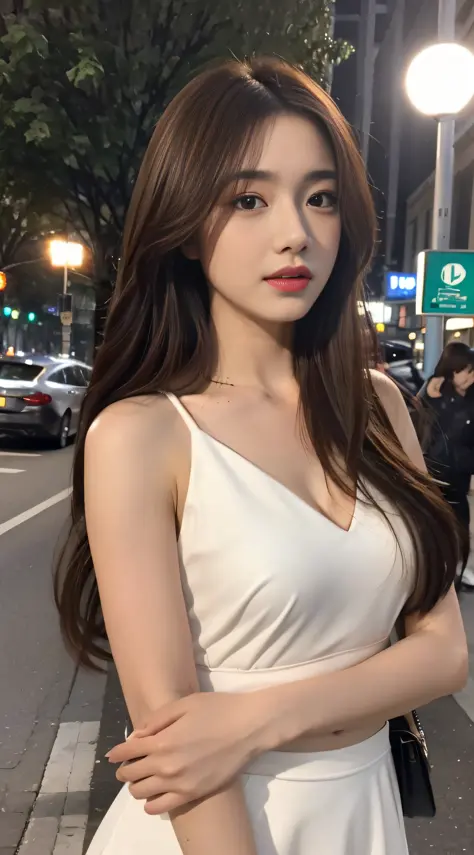 ((Realistic lighting, Best quality, 8K, Masterpiece: 1.3)), Focus: 1.2, 1girl, Perfect Figure: 1.4, Slim Abs: 1.1, ((Dark brown hair)), (White dress: 1.4), (Outdoor, Night: 1.1), City streets, Super fine face, Fine eyes, Double eyelids,
