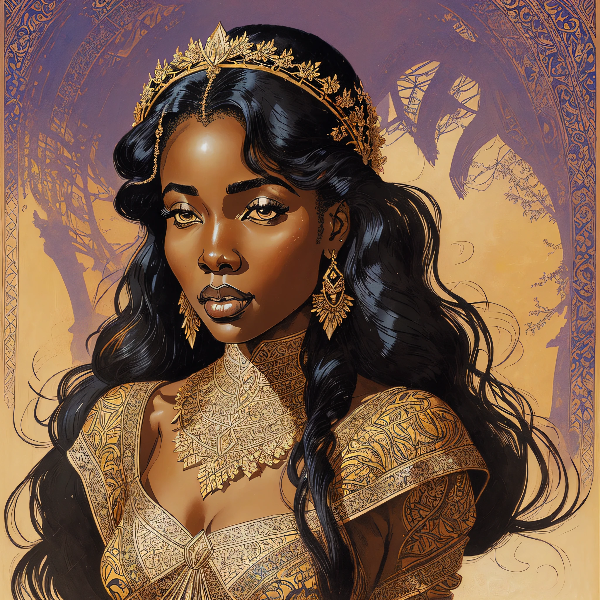 a beautiful young african queen, head and shoulders portrait, by milo manara, 2 0 0 0  vintage gothic illustration, d & d, fantasy, intricate, elegant, highly detailed, digital painting, artstation, concept art, smooth, sharp focus, --auto --s2