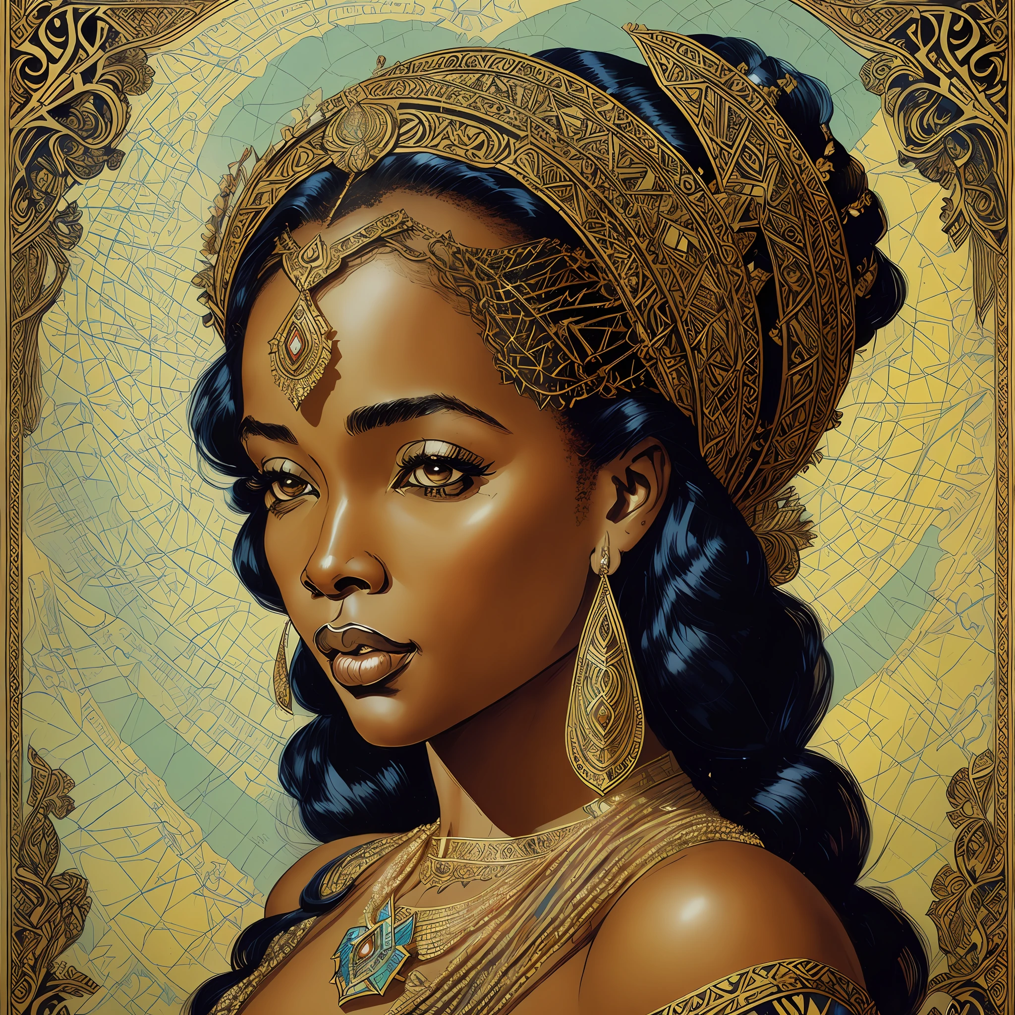 아름다운 젊은 아프리카 여왕, hea디 an디 shoul디ers portrait, 마일로 마나라, 2 0 0 0 빈티지 고딕 그림, 디 & 디, 공상, 뒤얽힌, 우아한, highly 디etaile디, 디igital painting, 아트스테이션, 컨셉 아트, 매끄러운, 날카로운 초점, --자동 --s2
