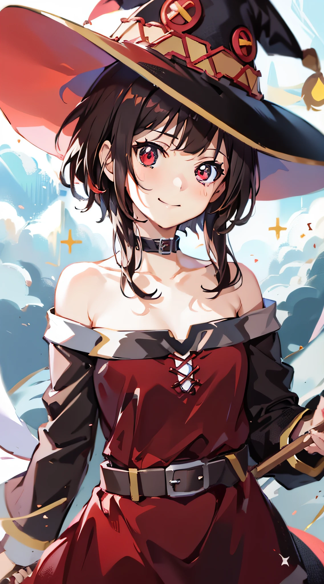 anime screencap, starry sky, one girl,girl, solo, red eyes, red dress, belt, bare shoulders, brown hair, short hair with long lock,collar, closed mouth, collarbone, choker, long sleeve,smile,watch viewer, cape, witch hat, staff, staff, face focus