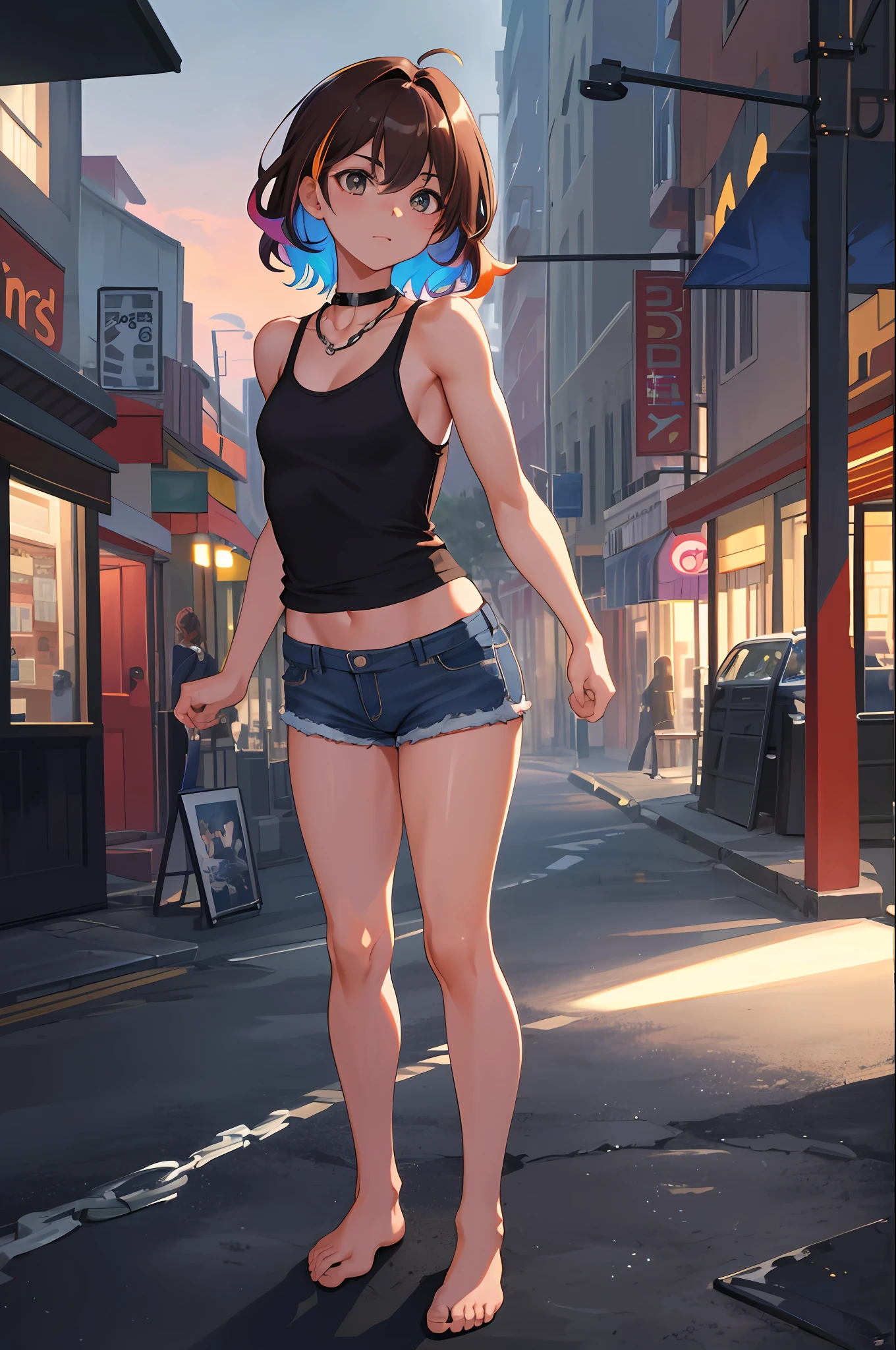 Anime girl in short shorts and a tank top walking down a street - SeaArt AI