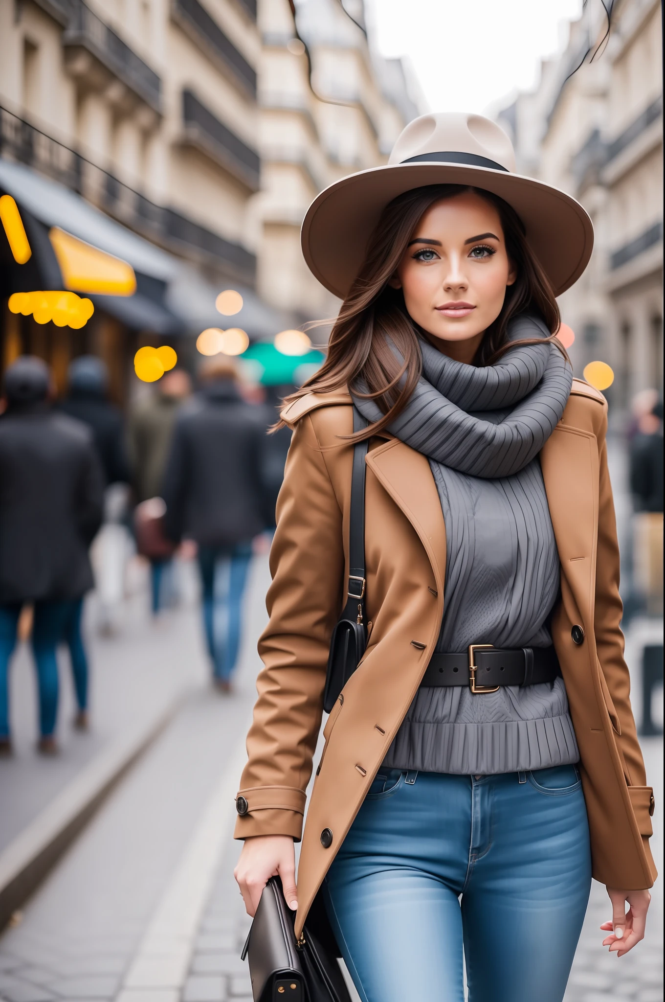 this woman , stylish look, cold day, Full Body, woman with Brown Hair and Brown eyes Walk in the street in high Definition, paris, beautiful woman walking down street and looking at camera, 8k, photos taken by hasselblad + incredibly detailed, sharpness, details + professional lighting, photographic lighting + 50mm, 80mm, 100m + lightroom gallery + behance photography + unsplash --ar 2:3 --auto --s2