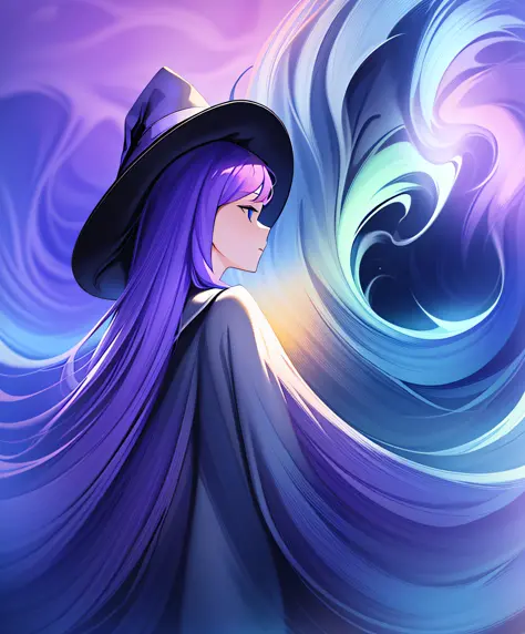 witch, cambridge blue colors, witch hat, witch outfit, surrounded by darkness and a wave of purple pink and blue energy, masterp...