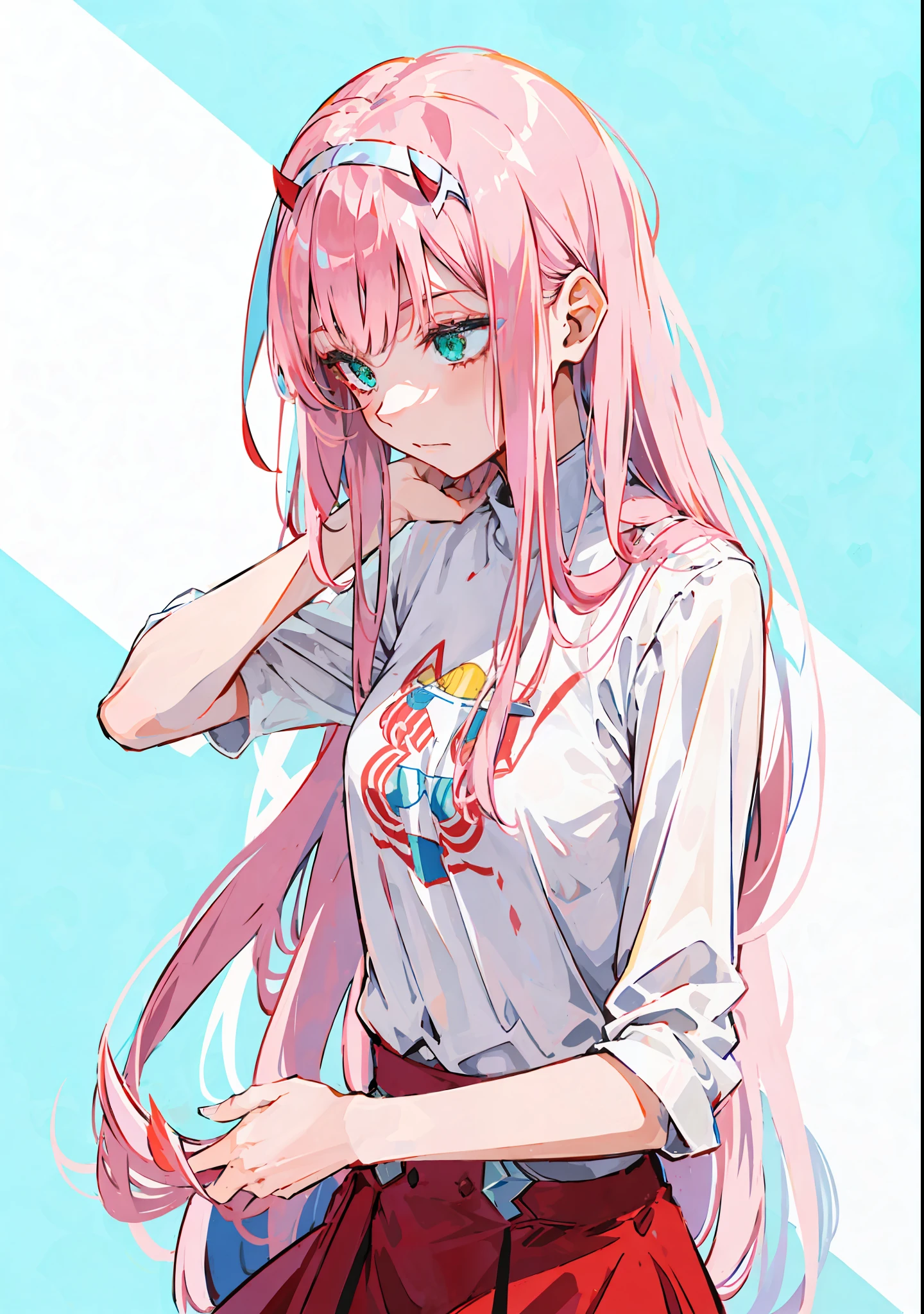 zero two \(darling on franxx\), darling on franxx, 1girl, bangs, bite, eyeshadow, green eyes, horns, long hair, small breasts, makeup, white shirts, pink hair, red eyeshadow, tight skin, solo