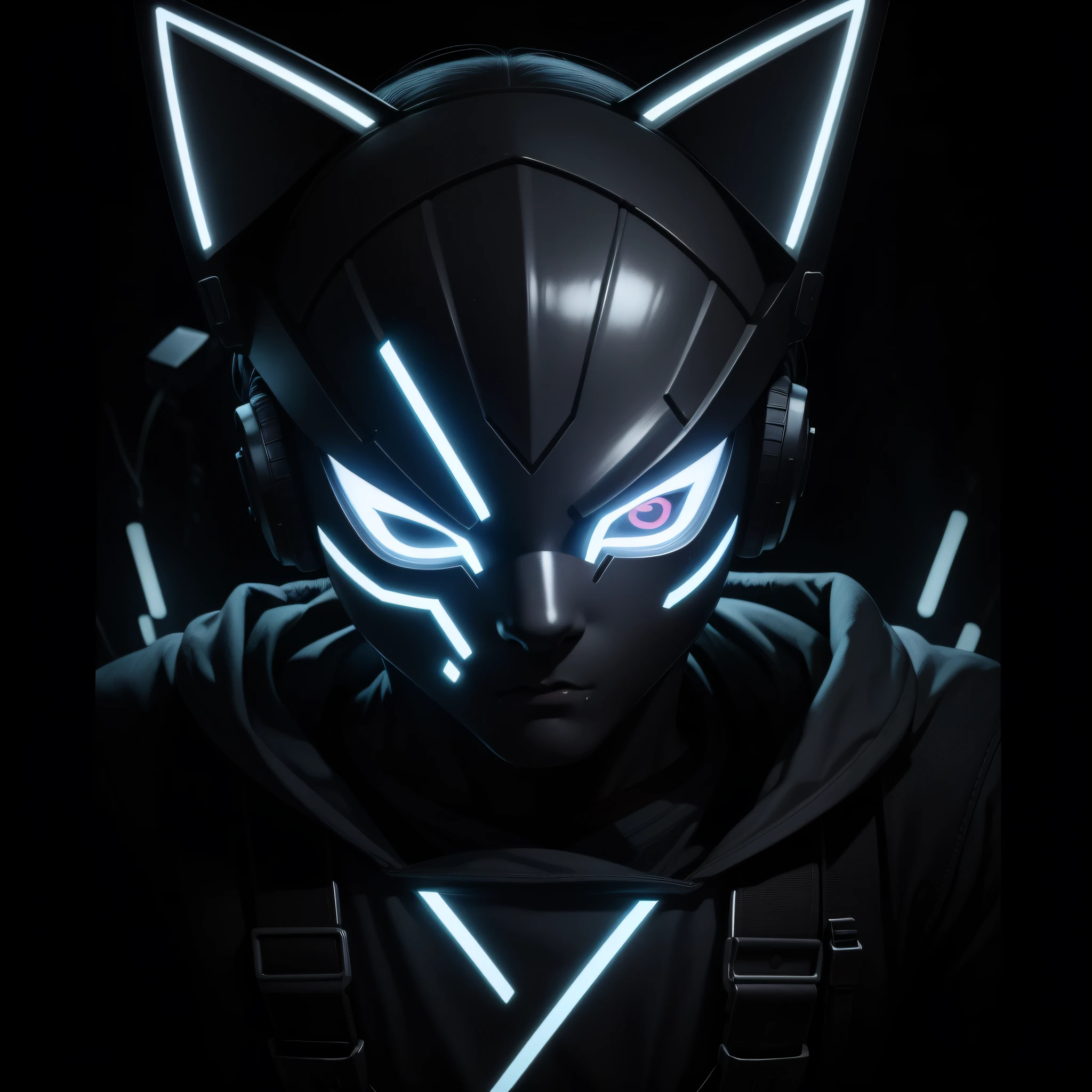 Personaje para el logotipo de PFP de un niño que lleva una máscara LED cibernética, Los LED de la máscara forman un gato.
