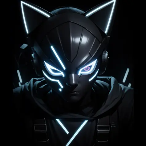Character for PFP logo of a boy wearing a cybernetic LED mask, the LEDs on the mask form a cat