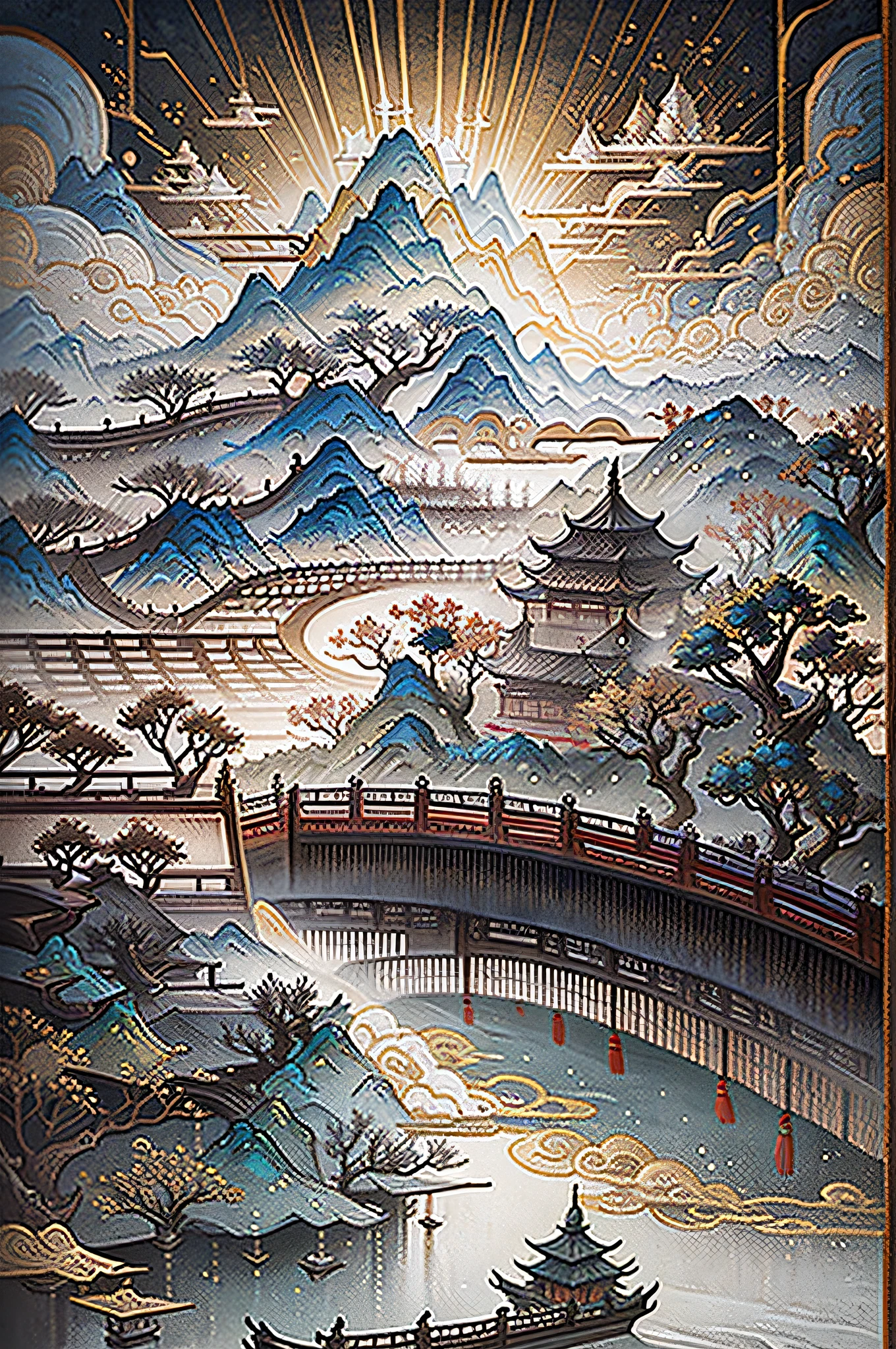 中国古代绘画, 中国古代背景, 山脉, 河, 祥云, 展馆, 阳光, 杰作, 超级细节, 史诗般的作曲, 超高清, 高质量, 极其详细, 官方艺术, 统一8k壁纸, 超级细节, 32K