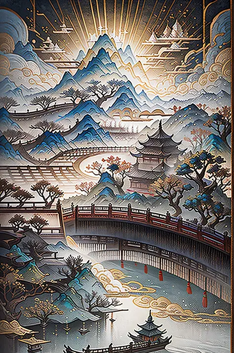 ancient chinese painting, ancient chinese background, mountains, river, auspicious clouds, pavilions, sunlight, masterpiece, super detail, epic composition, ultra hd, high quality, extremely detailed, official art, unified 8k wallpaper, super detail, 32k