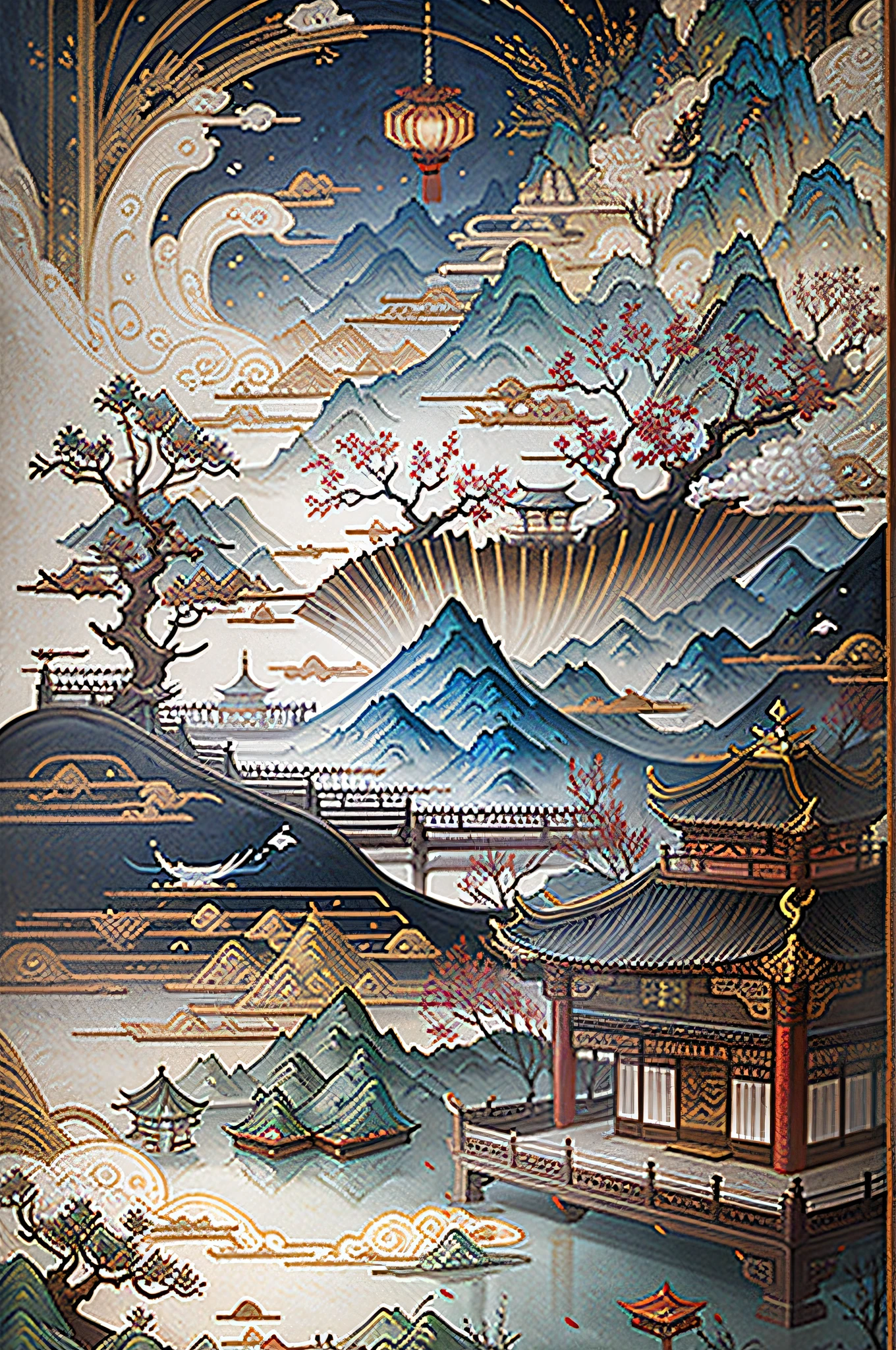 ancient chinese painting, ancient chinese background, mountains, river, auspicious clouds, pavilions, sunlight, masterpiece, super detail, epic composition, ultra hd, high quality, extremely detailed, official art, unified 8k wallpaper, super detail, 32k