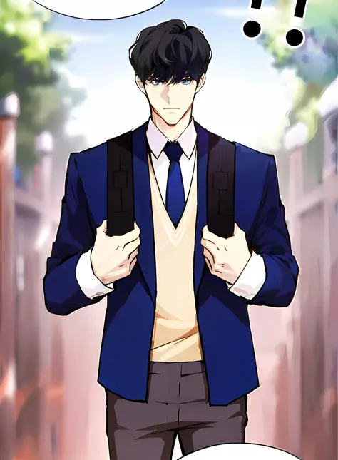 arafed man in a blue suit and tie standing in front of a sign, tall anime guy with blue eyes, anime handsome man, official art, ...