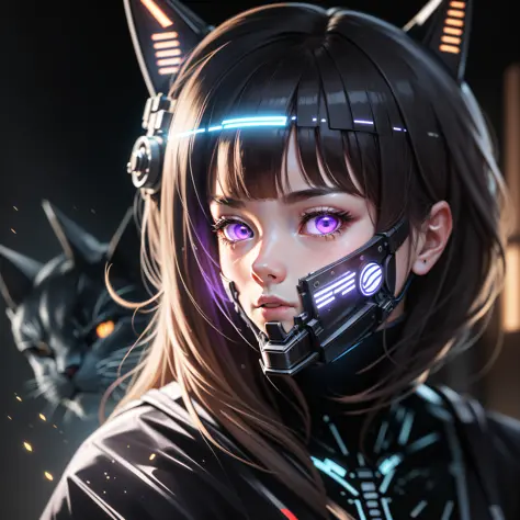 "Best quality, masterpiece, detailed illustration, dynamic close-up of a girl wearing a cybernetic LED mask that covers her face...