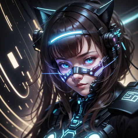 "Best quality, masterpiece, detailed illustration, dynamic close-up of a girl wearing a cybernetic LED mask that covers her face...