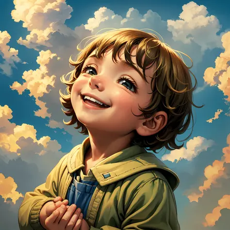 A smiling little boy looking up at the sky, his cupped hands over his eyes, as if imagining flying. --auto --s2