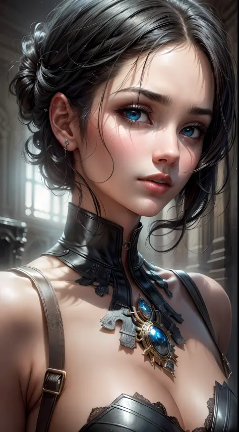 A mesmerizing masterpiece capturing a photorealistic portrayal of a woman with black hair cascading around her face. Her piercin...
