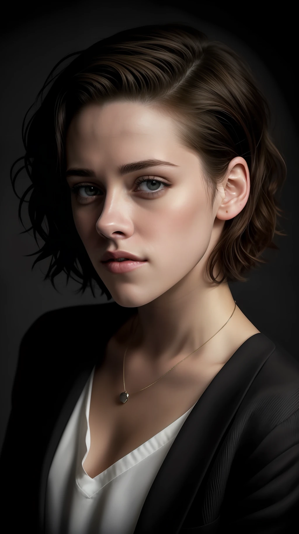 Kristen Stewart, (short curls hair like boy), atmospheric lights, god rays, perfect female face, ultradetailed, with black stripes, detailed skin, ultra realistic, bokeh, sharp features, best quality, ultra high res, detailed face, realistic face, full body, raw photo, shallow depth of field, hdr, 8k, cinematic, ultradetaled eyes, ultra realism, hyper realism soft light,