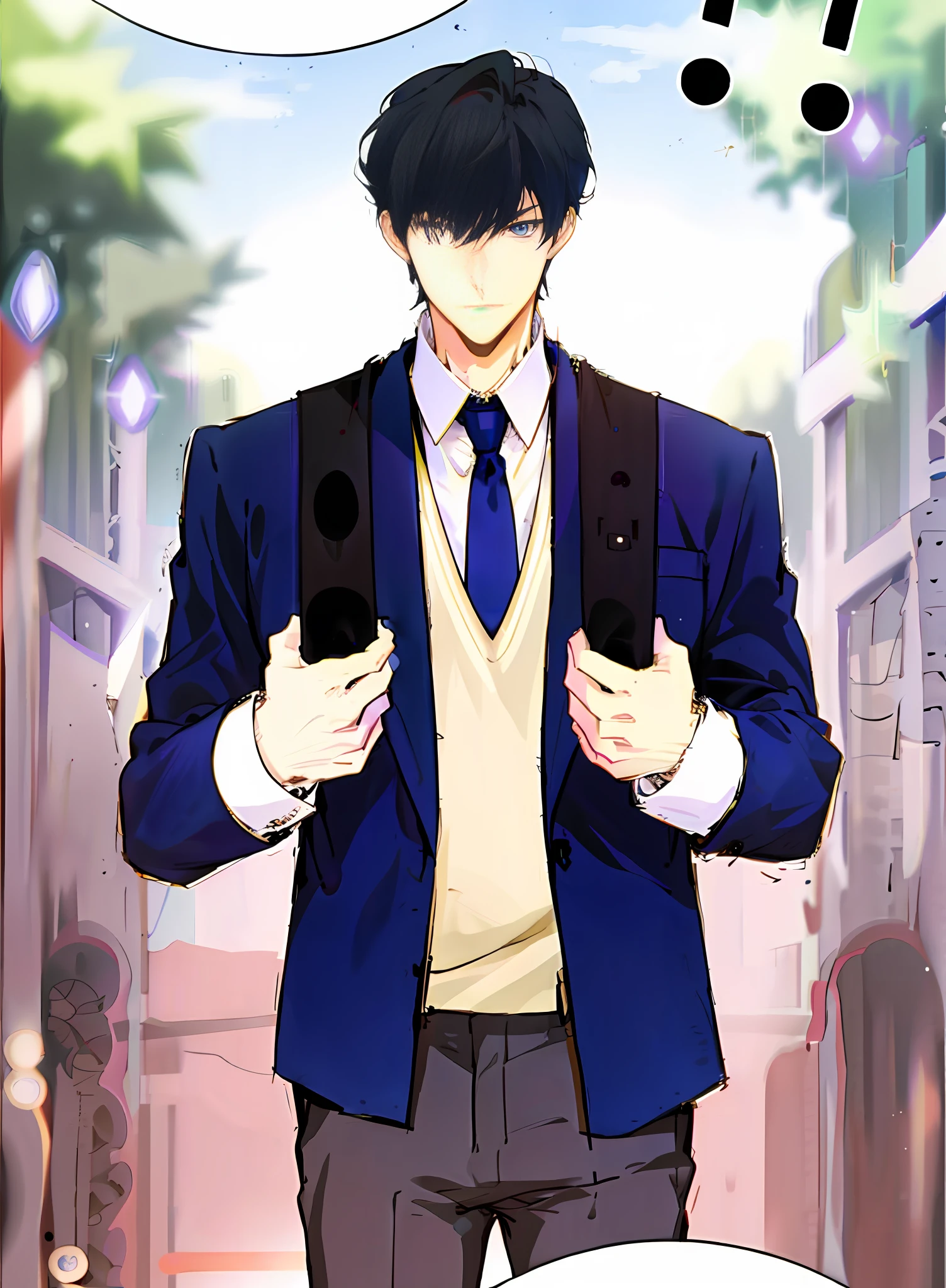 Good quality, ultra mega quality,Arafed man in blue suit and tie standing in front of a sign, tall anime boy with blue eyes, handsome anime man, official art, handsome anime pose, official character art, main character, inspired by Hisui Sugiura, full body unique character, young anime man, male anime character,  Handsome guy in demon slaying art, well dressed