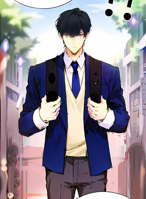 Good quality, ultra mega quality,Arafed man in blue suit and tie standing in front of a sign, tall anime boy with blue eyes, han...