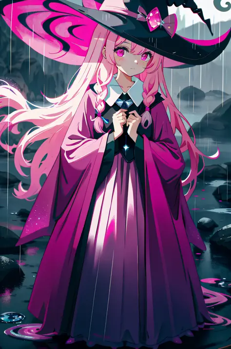 Witch, Cameo pink colors, witch hat, witch outfit, in the rain waterdrops everywhere, masterpiece, best quality
