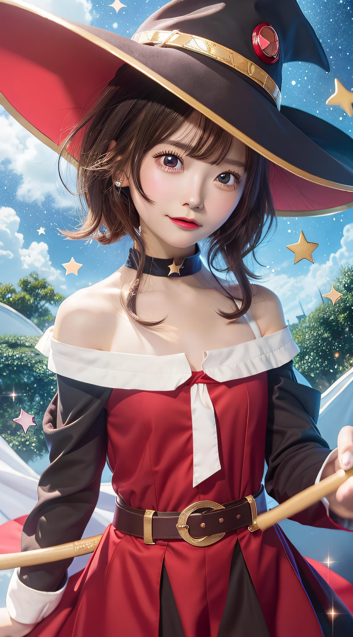 anime screencap, starry sky, one girl,girl, solo, red eyes, red dress, belt, bare shoulders, brown hair, short hair with long lock,collar, closed mouth, collarbone, choker, long sleeve,smile,watch viewer, cape, witch hat, staff, staff, face focus