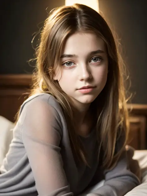 Portrait of an 18 year old cute beautiful perfect face petit teen, she is happy, very beautiful Russian, raw, in bed, (dark private study, dark and moody light: 1.2)