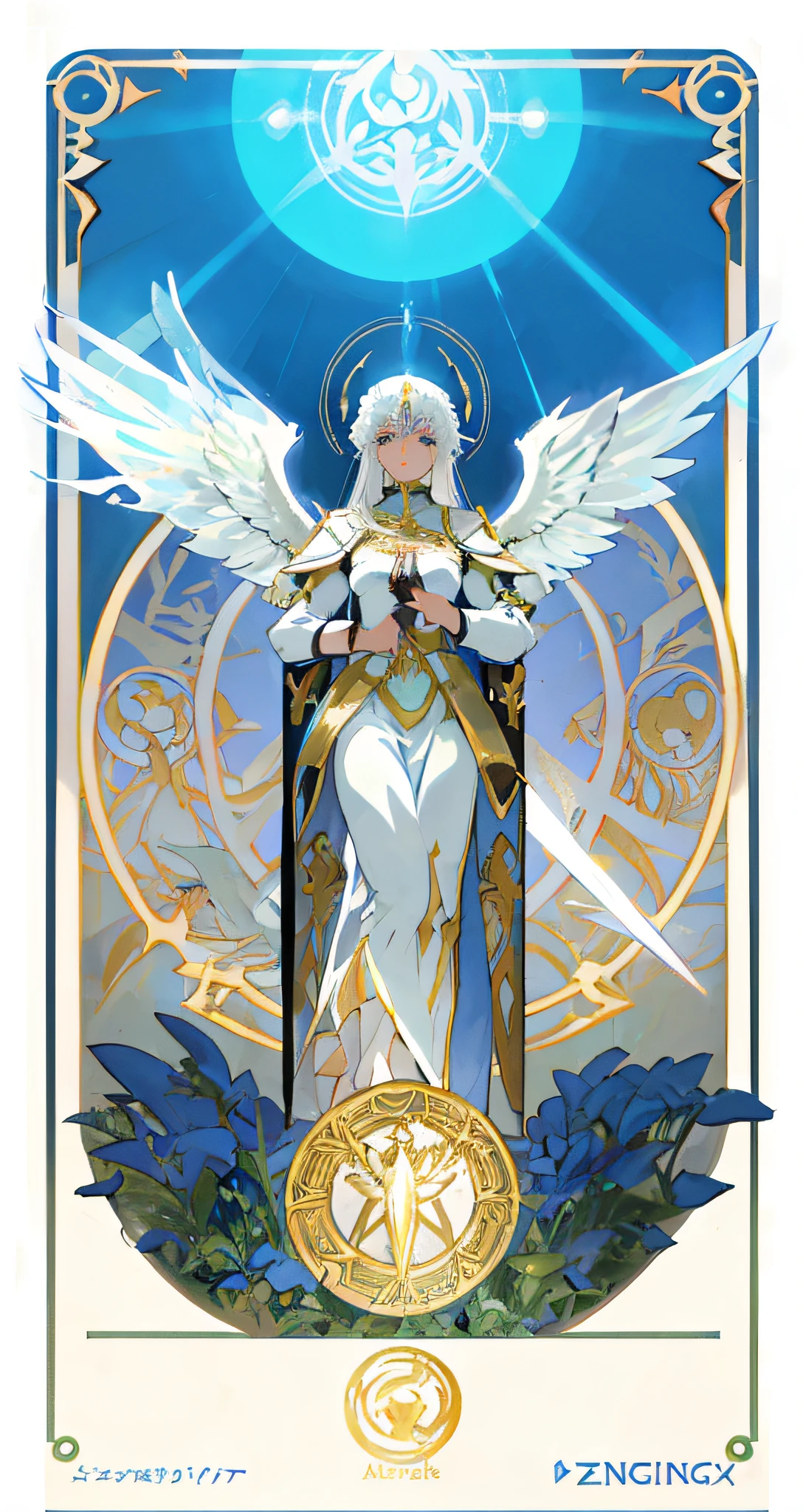 a woman with white hair and wings holding a sword in her hands, knights of zodiac girl, portrait knights of zodiac girl, goddess of light, holy paladin, angel knight girl, full - body majestic angel, seraphim, high priestess, tall female angel, an angel of the dawn light, as a mystical valkyrie, anime fantasy illustration