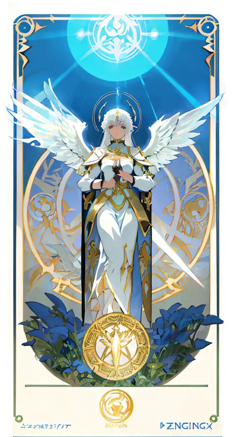a woman with white hair and wings holding a sword in her hands, knights of zodiac girl, portrait knights of zodiac girl, goddess...
