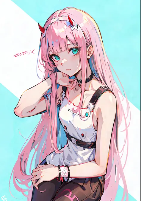 zero two \(darling in franxx\), darling in franxx, 1girl, bangs, bite, eyeshadow, green eyes, horns, black choker, black bracele...