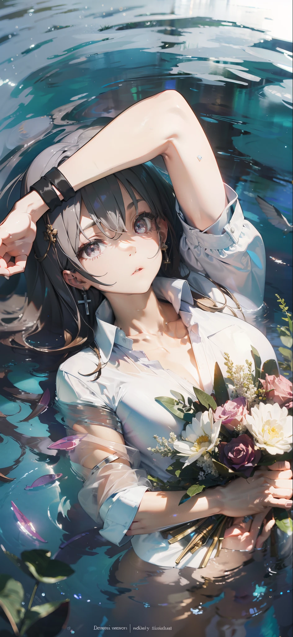 Physically based rendering, professional lighting, extreme detail, white shirt, bouquet, cross earrings, lying on the water