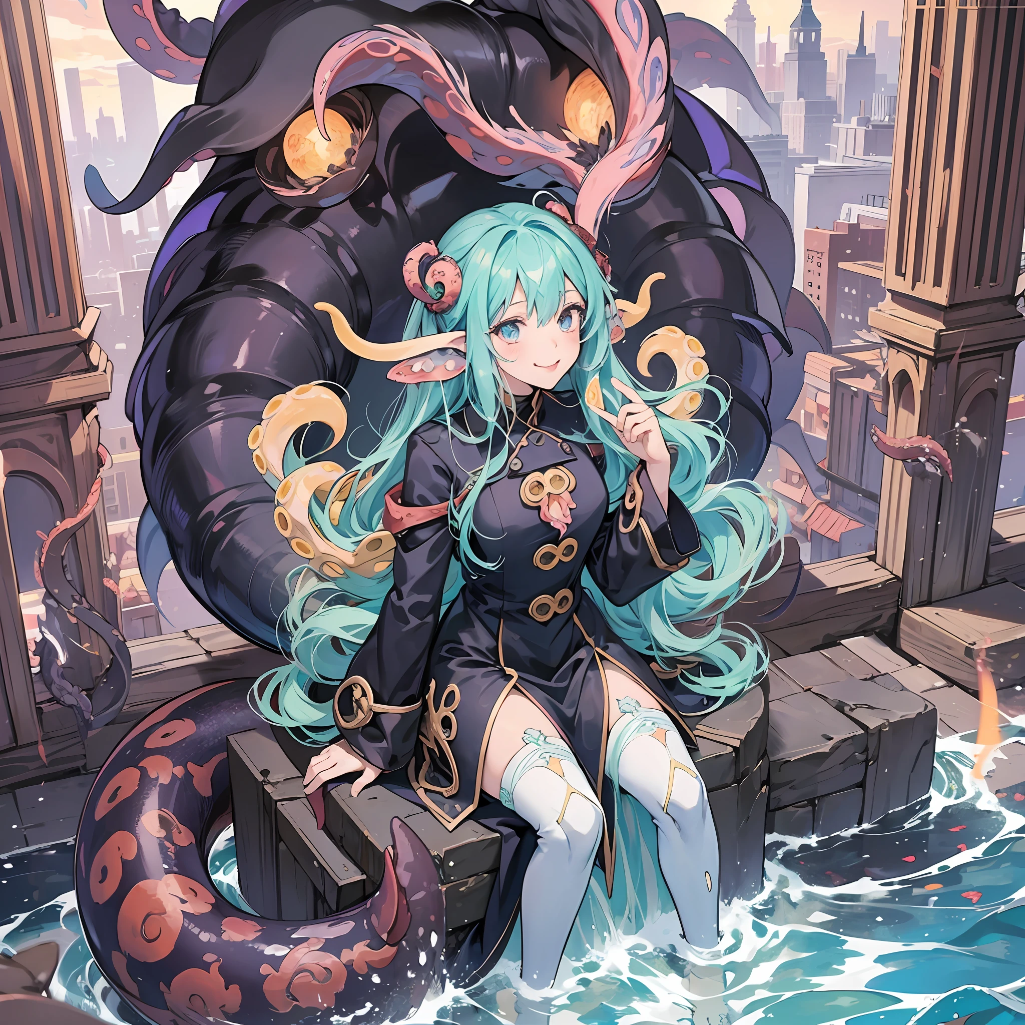 Anime girl sitting on a giant octopus with a city in the background -  SeaArt AI