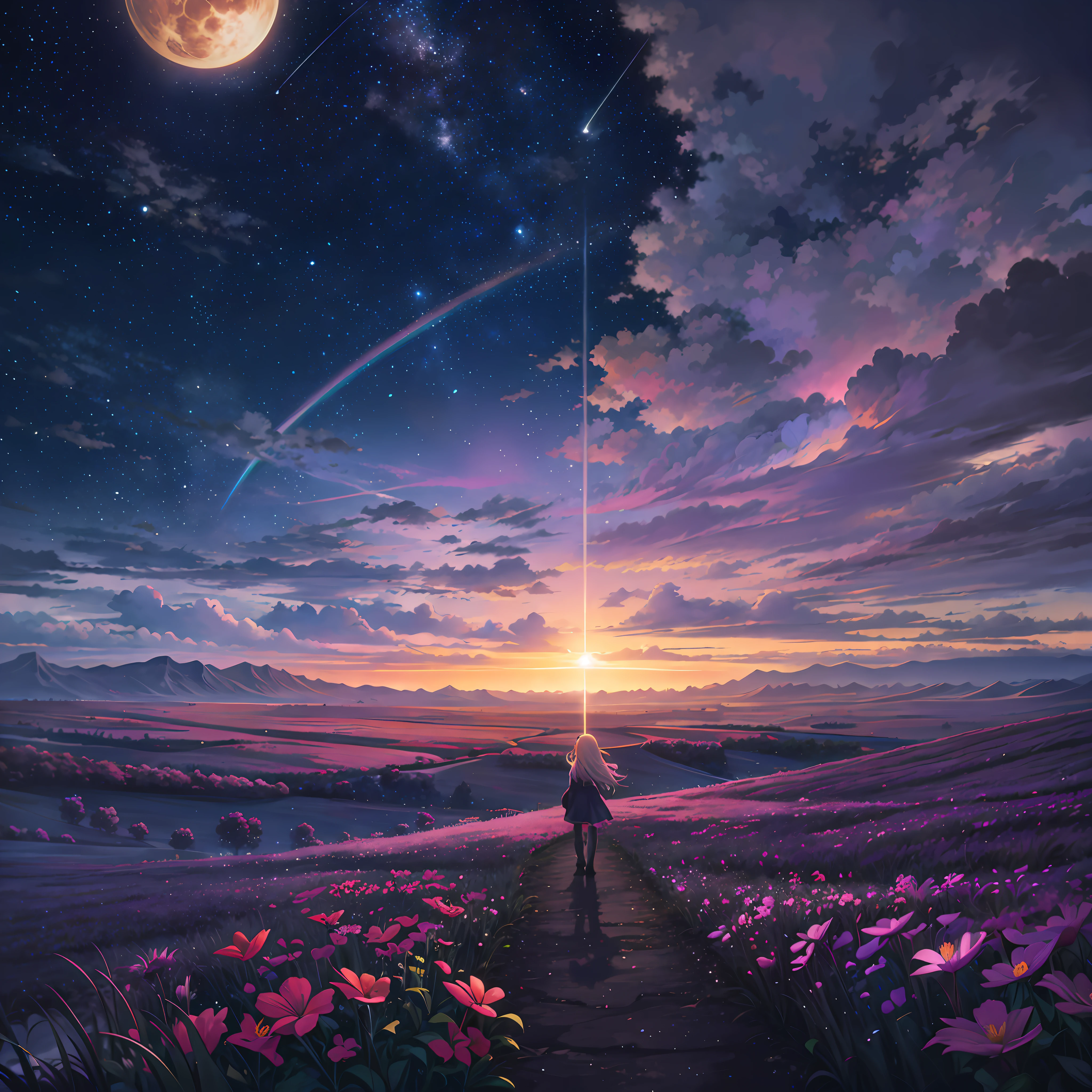 anime girl walking on a path in a field of flowers, makoto shinkai cyril rolando, anime art wallpaper 4 k, anime art wallpaper 4k, anime background art, anime beautiful peace scene, beautiful anime artwork, beautiful anime scene, 4k anime wallpaper, beautiful art uhd 4 k, anime art wallpaper 8 k, cosmic skies. by makoto shinkai