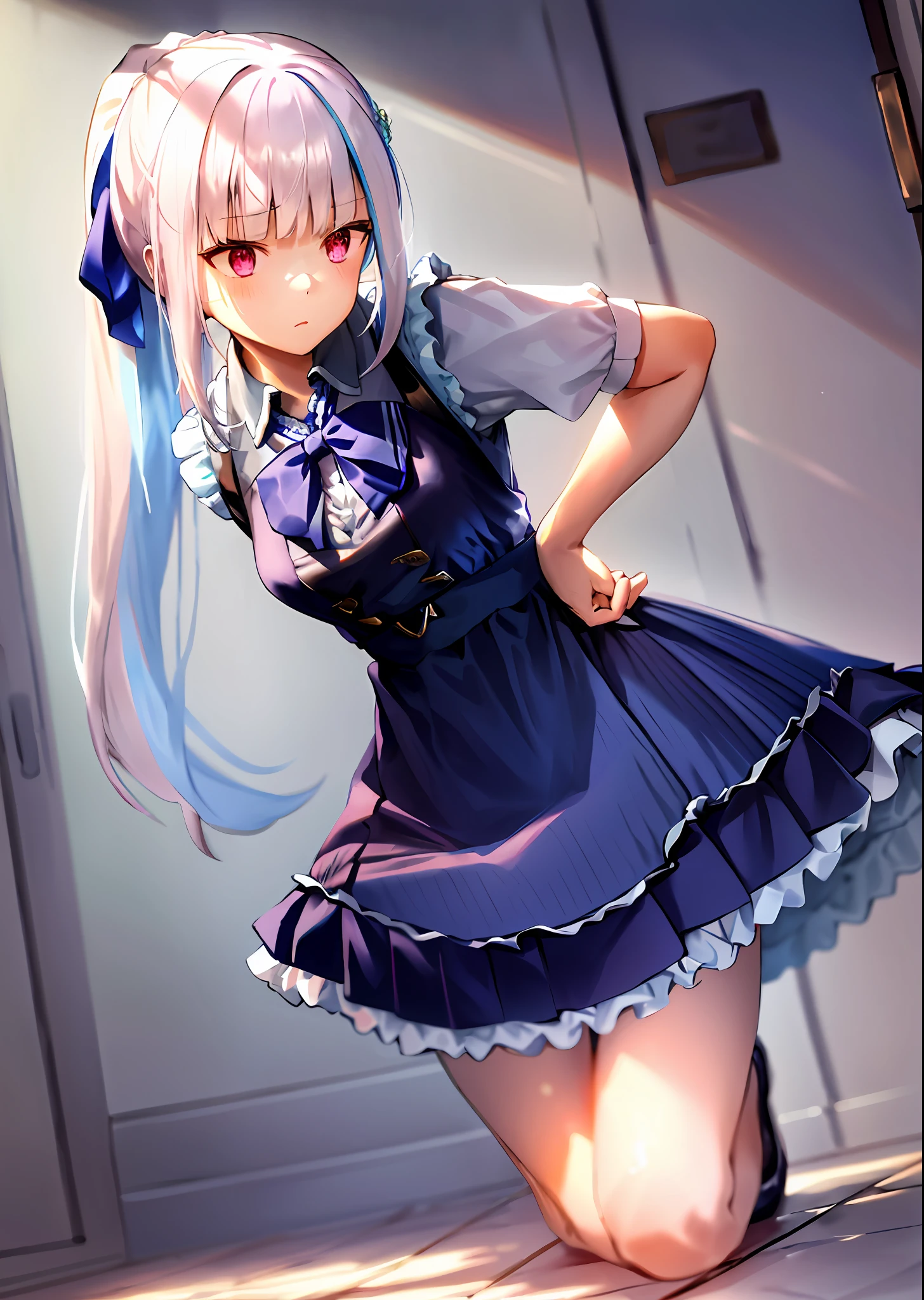 Masterpiece, (1 Girl:1.3), Apron, Bow, Cube hair ornament, Dress, Ruffles, Teasing (facial expression), Hair ornament, Long hair, (Look into your eyes), Maid, Maid apron, Maid headdress, Mary Janes, One side up, Pink eyes, Shaded face, Shoes, Short dress, Solo, Sweat drops, Thighs, White thighs, Middle chest, Hands on hips, Portrait, Take off panties, ponytail with bow, shawl uniform, white big bow, eye contact, lifted skirt, (on all fours)), (white bow)), eye contact, lifted skirt, (((visible panties)), lace panties