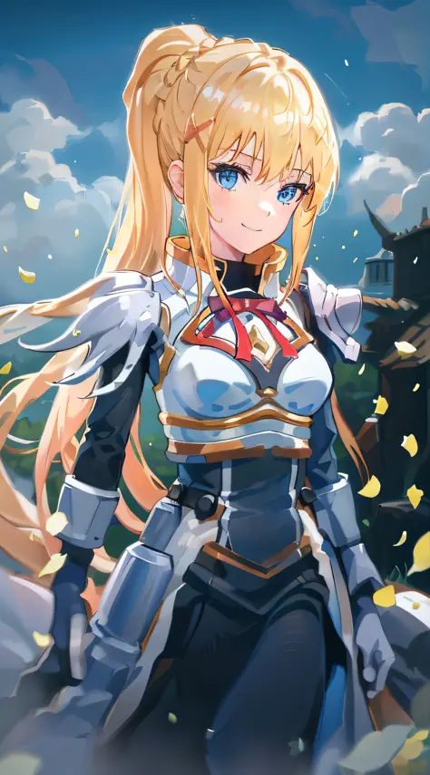 best quality, high resolution, 1girl, long hair, blonde hair, x hair ornament, armor, blue eyes, ponytail, hair ornament, gloves...