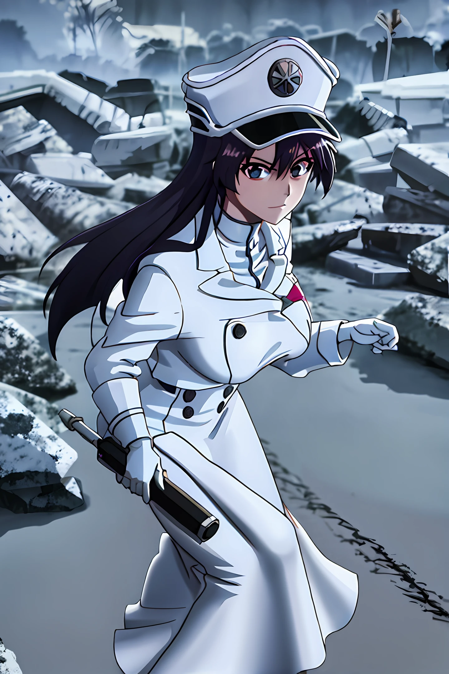 Anime girl in white uniform pointing at something in the distance - SeaArt  AI