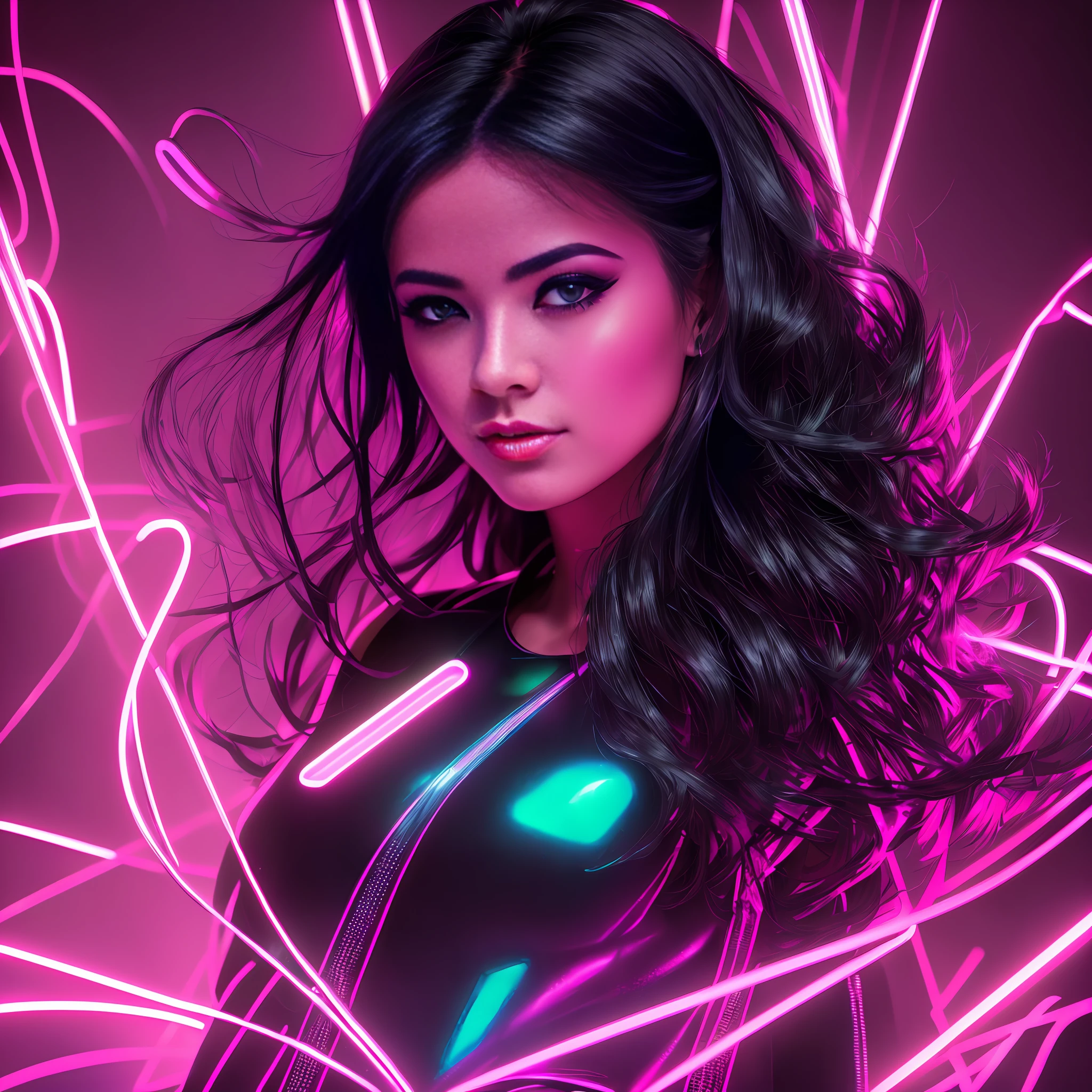 imagem refeita de uma mulher em um top preto brilhante, retrato de menina glowwave, ross tran 8k, iluminação magenta. fantasia, arte digital néon, neon light and fantasia, vray neon brilhante, Conectado com tubos brilhantes 8 K, linda arte digital, garota cyberpunk sonhadora, ilustração digital deslumbrante, iluminação neon cibernética, pintura digital brilhante, estilo de arte neon