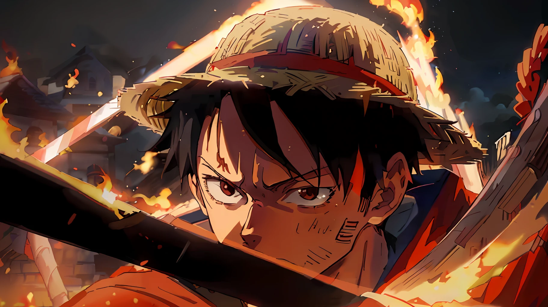 Anime character with a sword in front of a fire - SeaArt AI