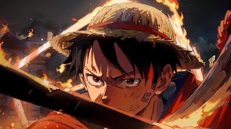 anime character with a straw hat and a sword in front of a fire, luffy, luffy (one piece, monkey d luffy, monkey d. luffy, luffy...