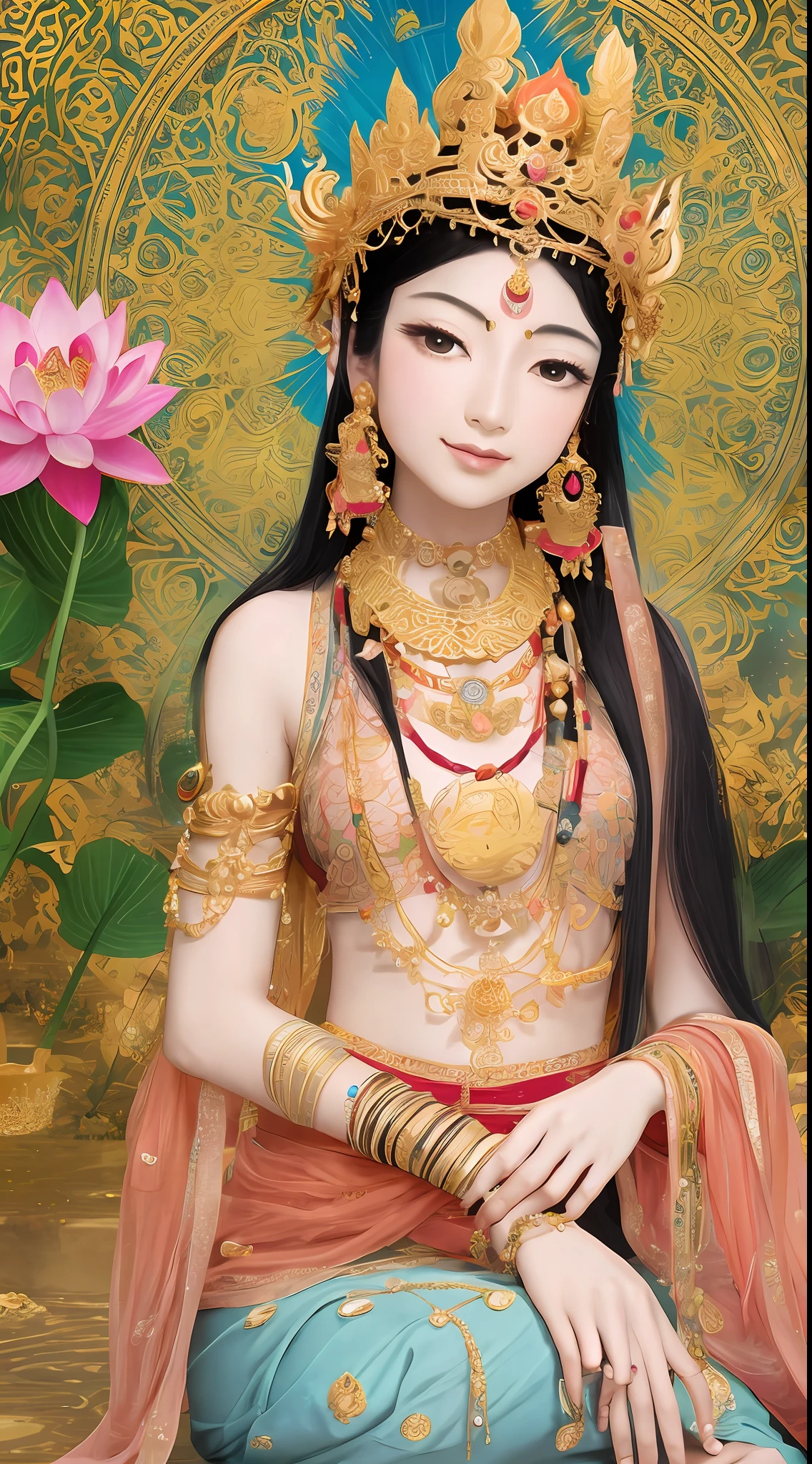 Beautiful bodhisattva, hair shawl, golden crown, necklace, studded with precious stones, holding a lotus flower in one hand, slanted shoulders, sitting on a lotus, the background behind is a round light shining,