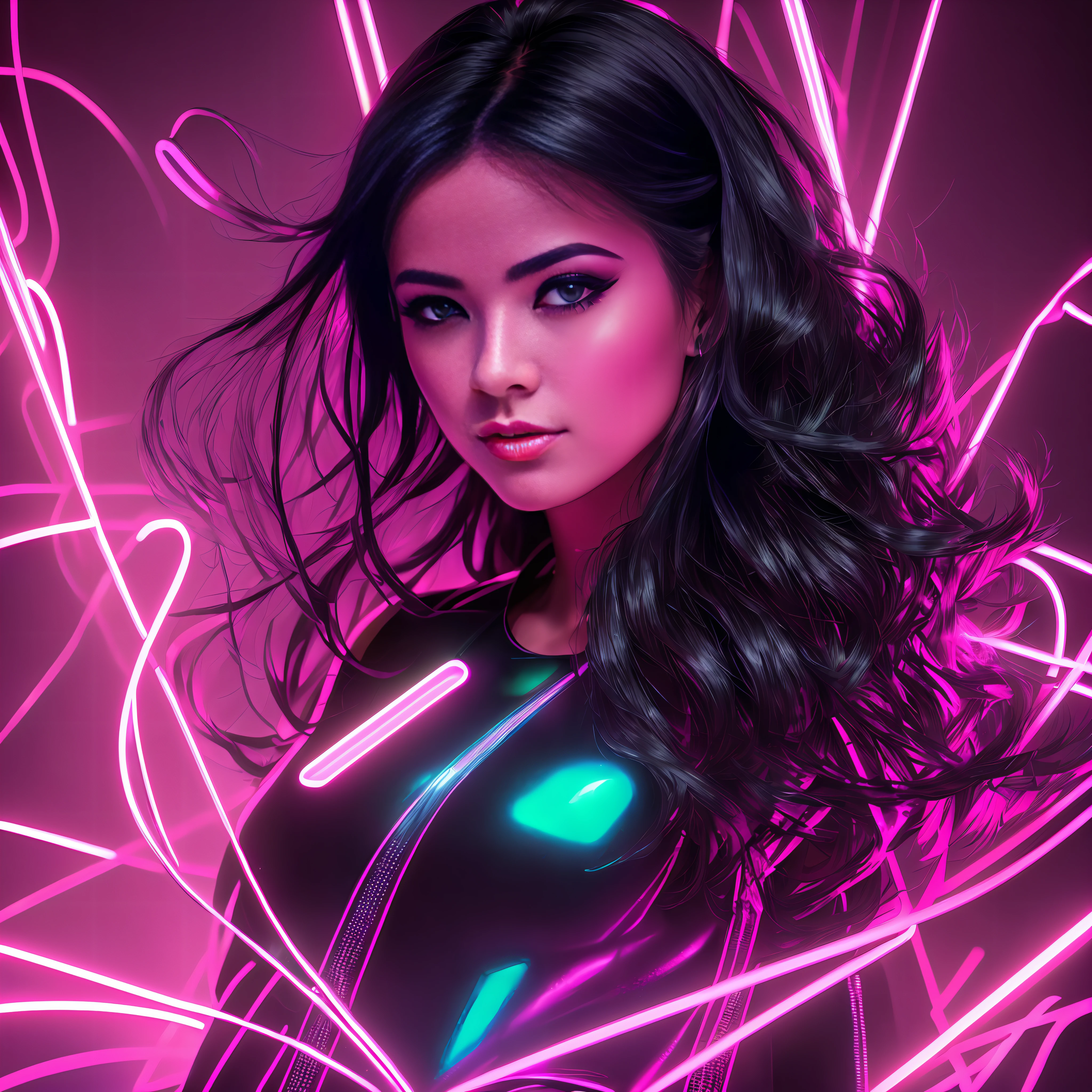 arafed image of a woman in a shiny black top, glowwave girl portrait, ross tran 8 k, magenta lighting. fantasy, neon digital art, neon light and fantasy, glowing neon vray, connected with glowing tubes 8 k, beautiful digital artwork, dreamy cyberpunk girl, stunning digital illustration, cyber neon lighting, glossy digital painting, neon art style