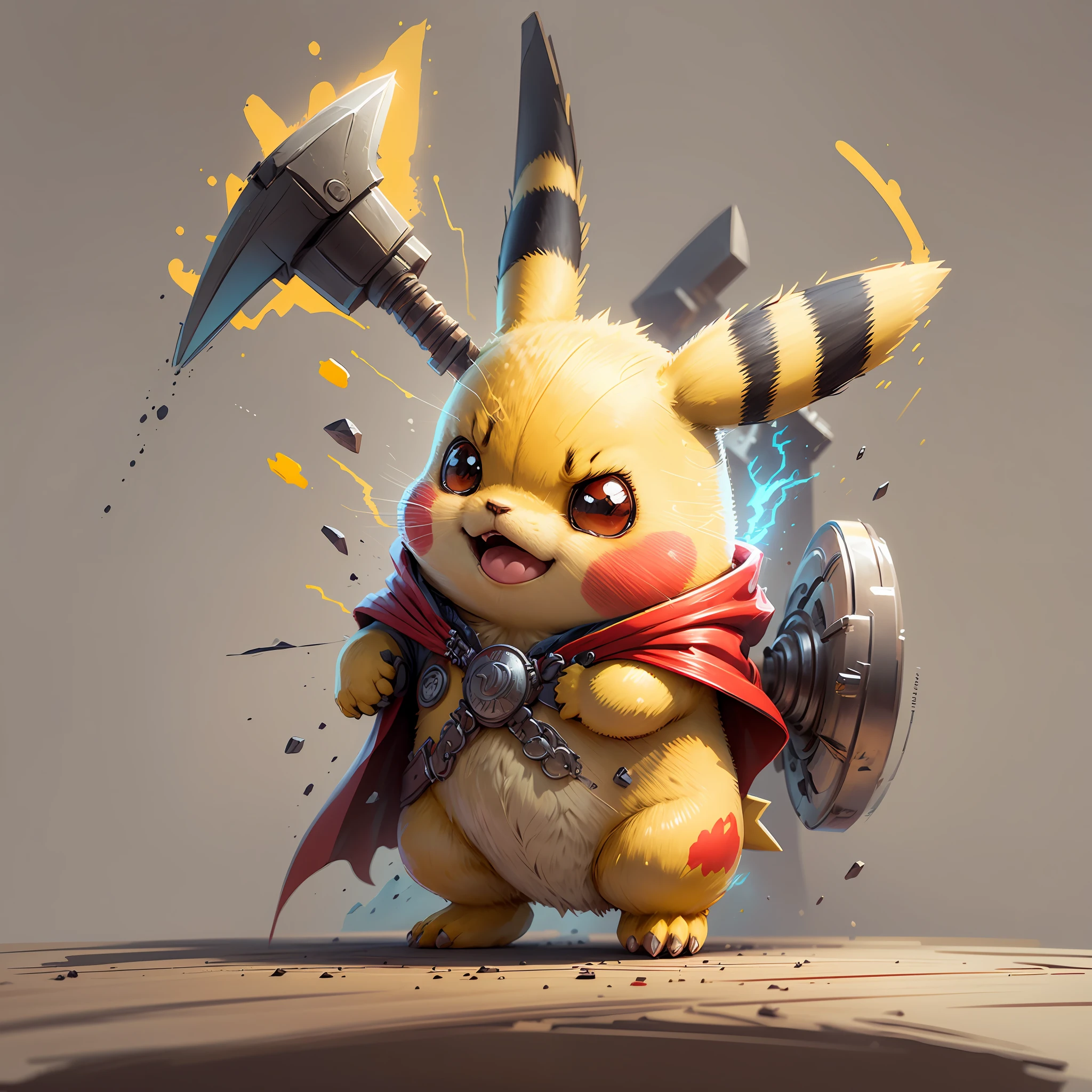 Start with a basic sketch of Pikachu, with a Thor hammer in one hand and wearing a red cape with gold accents.

Add some Thor features such as a helmet with wings and boots with metal details to add a more authentic touch to the character.

To give Pikachu a fluffy touch, overdo the dimensions of his head and ears and add rosy cheeks.

Use vibrant, cheerful colors to bring your drawing to life, with shadows and highlights that create depth and texture.

Add a suitable background to the drawing, such as a scenario that shows Pikachu in action or a simple background that doesn't distract the character's attention.

To finish, add some clean and crisp lines that highlight the characteristics of the character and add a more "cartoon" touch to the drawing. --auto --s2