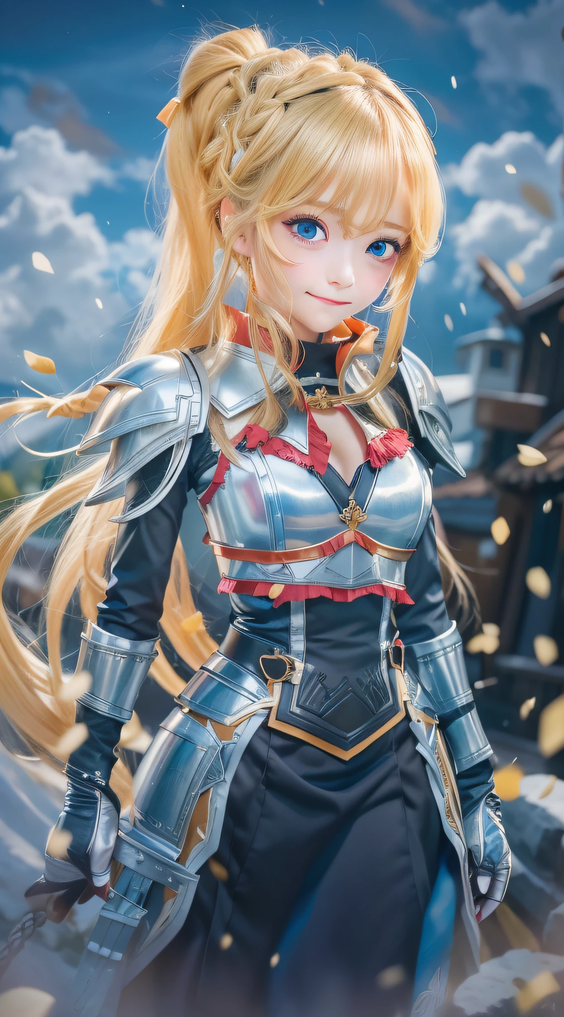 Best Quality, High Resolution, 1girl, Long Hair, Blonde Hair, X Hair Ornament, Armor, Blue Eyes, Ponytail, Hair Ornament, Gloves, Shoulder Armor, Braid, Black Gloves, Pauldron, White Boots, Darkness (konosuba),Meadow, Outdoors, Smile,upper body