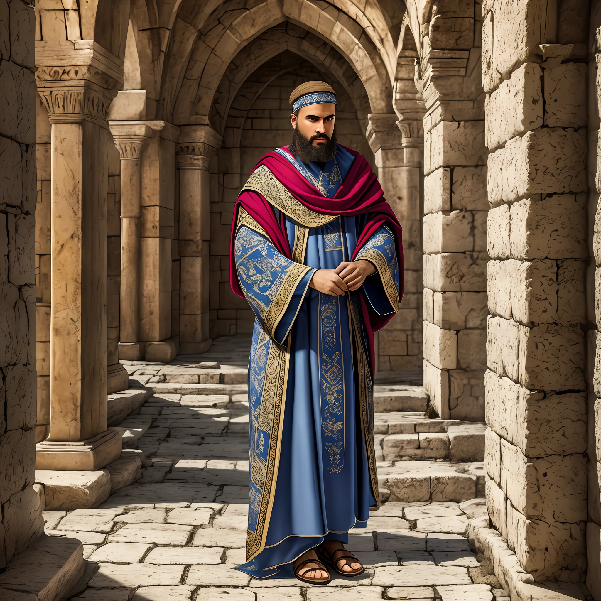 Arafed man in a blue robe and red shawl standing in a stone corridor ...